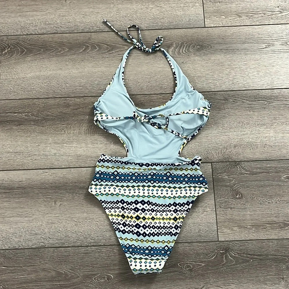Aerie One Piece Bathing Suit Cut Out Blue Geometric Print Sz m - Picture 3 of 4
